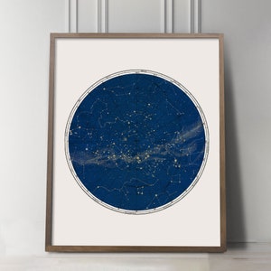 Constellation Map, Celestial Chart Print in Circular format in Blue, Gold Constellation, Round Constellation Map, Antique Astronomy Print