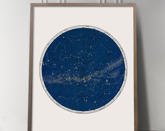Constellation Map, Celestial Chart Print in Circular format in Blue, Gold Constellation, Round Constellation Map, Antique Astronomy Print
