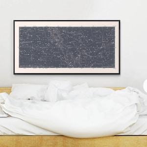 Puede incluir: Un mapa en blanco y negro de las constelaciones enmarcado colgado sobre una cama blanca con ropa de cama blanca. El mapa est&aacute; sobre un fondo azul oscuro con estrellas blancas y nombres de constelaciones.