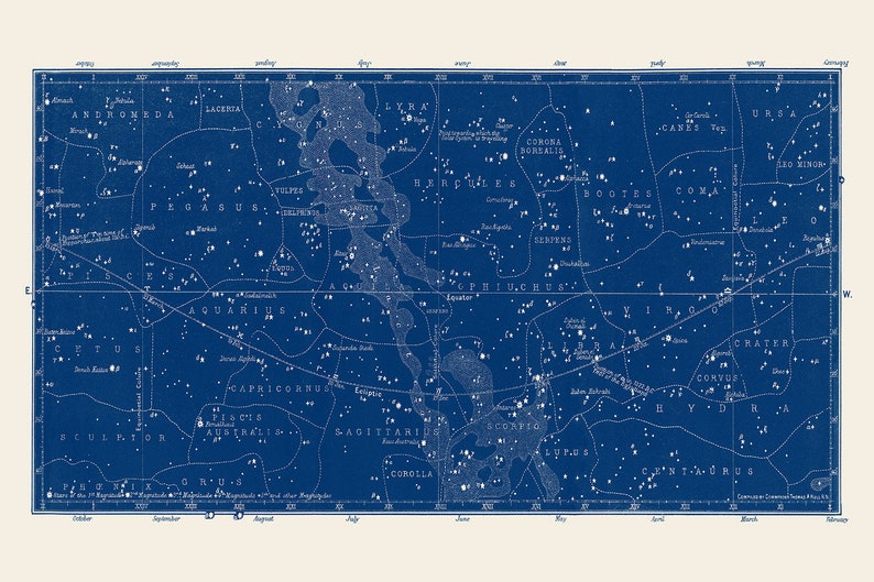 Star Map Print, Constellations Chart Print, Celestial Decor, Large Horizontal Art Print for Living room, Masculine Home Decor, Above bed art Nautical Blue