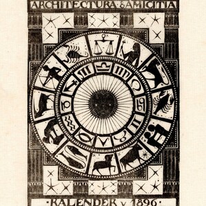 May include: A black and white illustration of a zodiac wheel with the text "ARCHITECURA & AMICITIA" at the top and "KALENDERK V 1896" at the bottom.