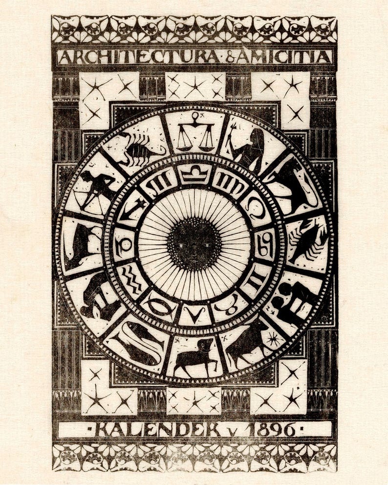 May include: A black and white illustration of a zodiac wheel with the text "ARCHITECURA & AMICITIA" at the top and "KALENDERK V 1896" at the bottom.