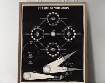 Antique 19th Century Moon Phases Diagram, American Astronomy Illustration, Celestial Wall Decor