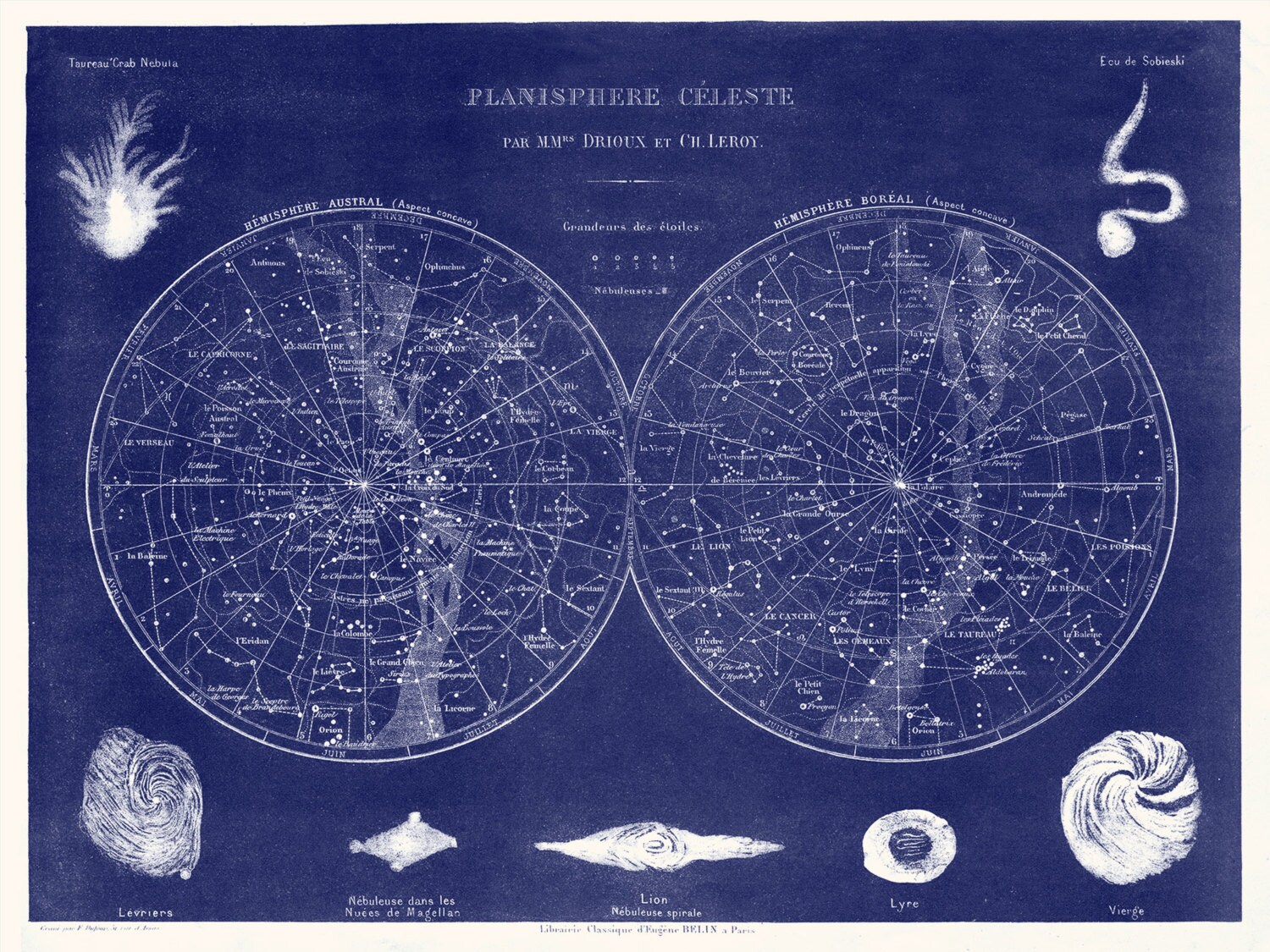 Planisphere Celestial Art, Blue Constellation Art Print