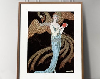 Vintage Fashion Girl Wall Art with Art Deco Dragon and 1920s Costume, Decorative Arts Women, Vanity Art, Mythological Feminine, Makeup Art