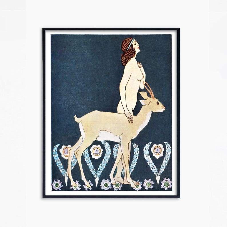 Antique Art Nouveau Woman with Gazelle Print, Vintage Decorative Arts, Bathroom and Boudoir Decor image 2