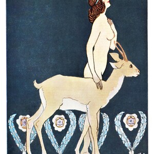 Antique Art Nouveau Woman with Gazelle Print, Vintage Decorative Arts, Bathroom and Boudoir Decor image 3