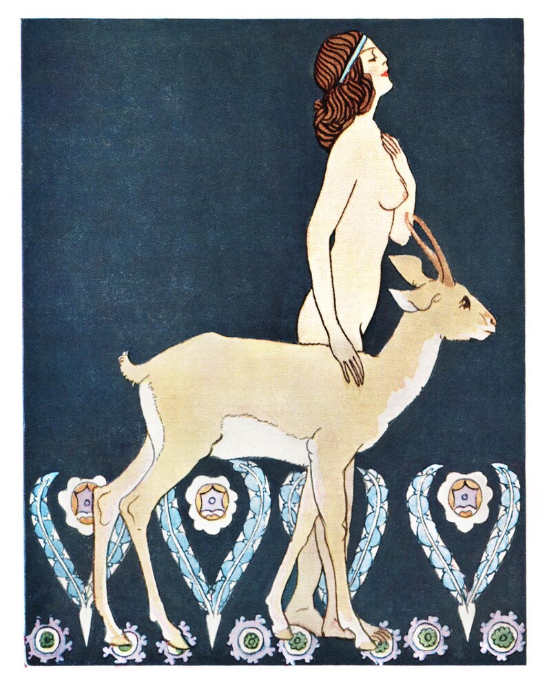 Antique Art Nouveau Woman with Gazelle Print, Vintage Decorative Arts, Bathroom and Boudoir Decor image 3