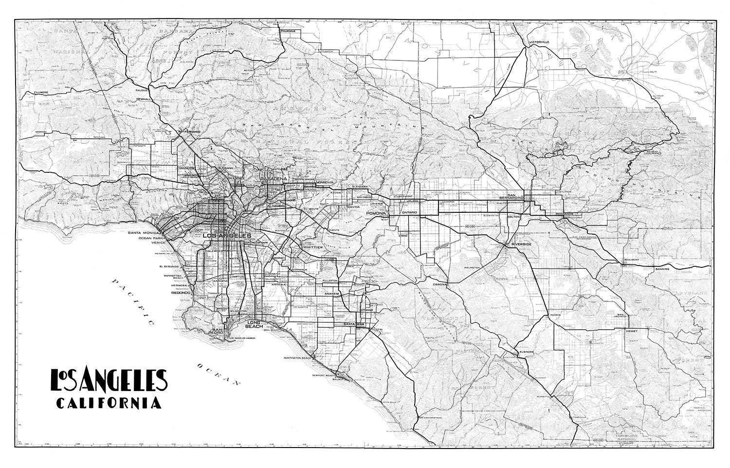 Large Los Angeles Map Print, Restored 1927 Vintage Map From
