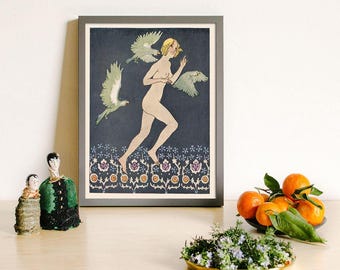 Art Nouveau wall art, Bathroom Decor, Bathroom Wall Decor, Decorative Arts Women, Vanity Art, Makeup Art, Vintage fashion print, Bird Art