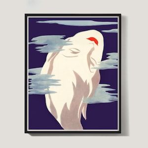May include: A stylized illustration of a woman's face with closed eyes and red lips, set against a dark purple background with light blue brushstrokes resembling clouds.