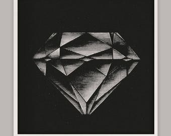 May include: A black and white illustration of a diamond on a black background.
