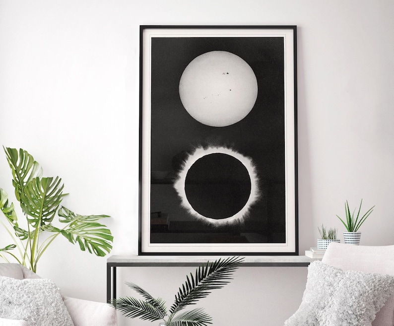 Antique Solar Eclipse Chromolithograph 1896, Large Framed Celestial Art, Victorian Astronomy image 1