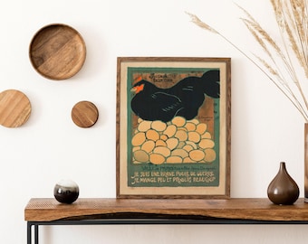 Estampa francesa antigua de gallo, arte para amantes de las gallinas, cartel restaurado de raciones gubernamentales de la Primera Guerra Mundial, arte rústico para cocinas y casas de campo.