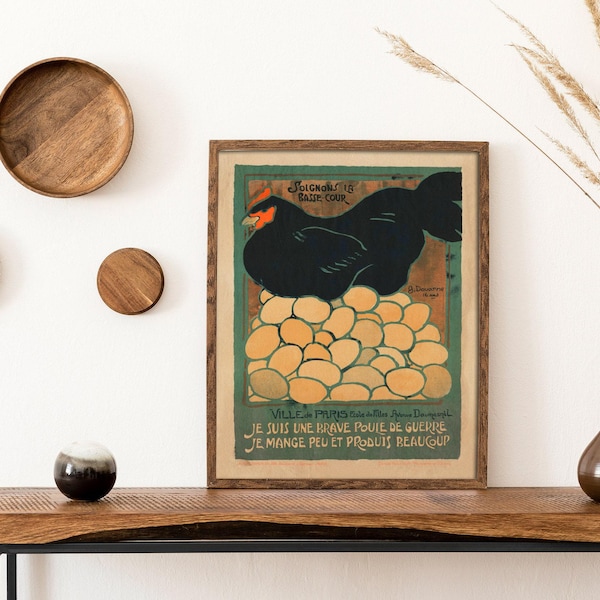Antique French Rooster Print, Chicken Lover Art, Restored WWI Government Rations Poster, Rustic Kitchen and Farmhouse Art