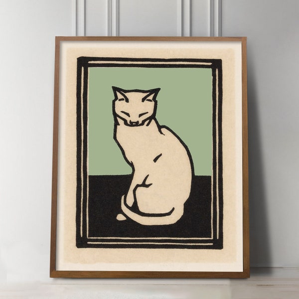 May include: A vintage illustration of a white cat sitting in a black frame with a green background.