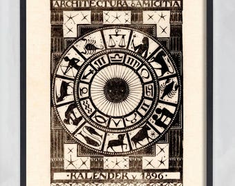 Astrologie Druck, Astrologie, Kunst und Kunsthandwerk, Architektur Druck, Jugendstil, Astrologie Druck, astrologische Zeichen, Löwe, Krebs