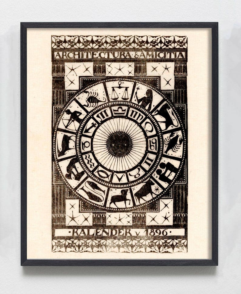May include: A black and white vintage print of a zodiac wheel with the text "ARCHITECURA & AMICITIA" and "KALENDER V 1896".