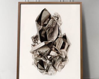 Antique 19th Century Smoky Quartz Mineral Print, Botanical Specimen Crystal Wall Art