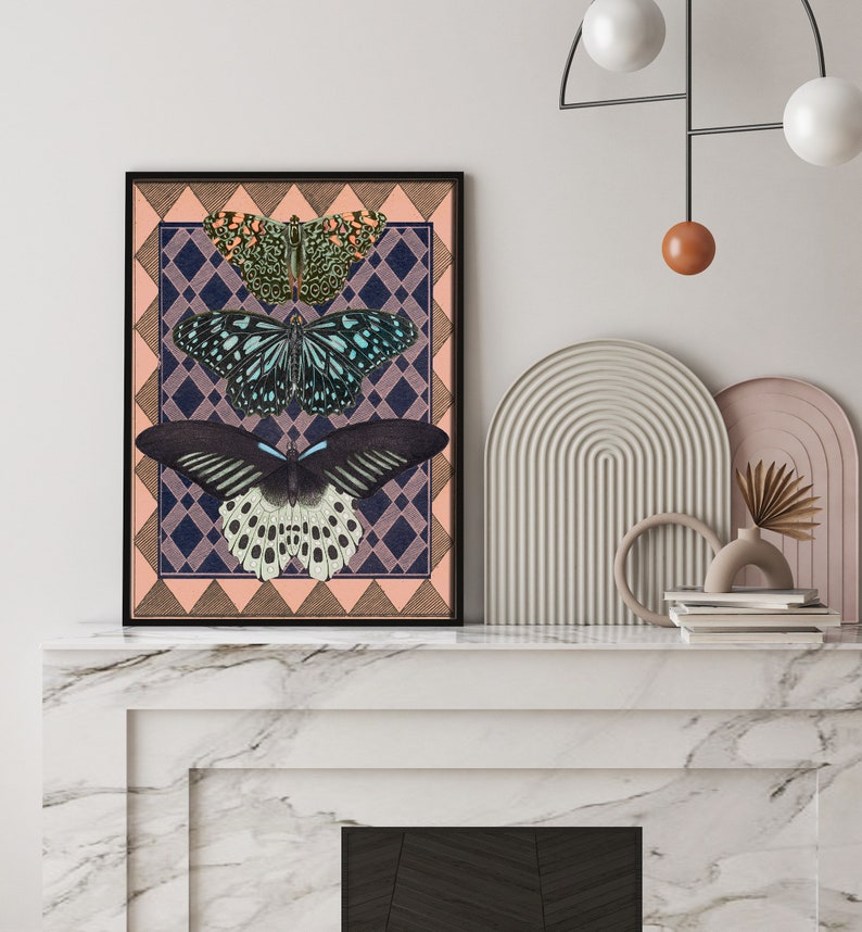 Maximalist Decor, Butterfly Wall Art Print, Art Deco Butterfly, Patterned decorative art, Fashion art image 2