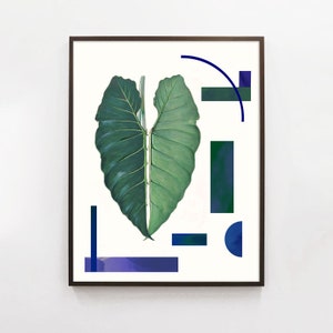 Botanical Collage Print with leaf and Abstract Geometric Shapes, Green and Indigo Botanical Wall Art, Botanical Art Poster
