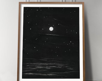 Moonscape, Moon Print, View of Earth, Moon Art, Surface of the moon, Moon illustration, Black and white Moon Art, Space Art