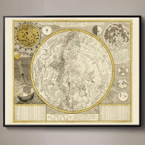 Antique Gold Constellation Map 1709, Vintage Star Chart on Watercolor Paper, Father Gift