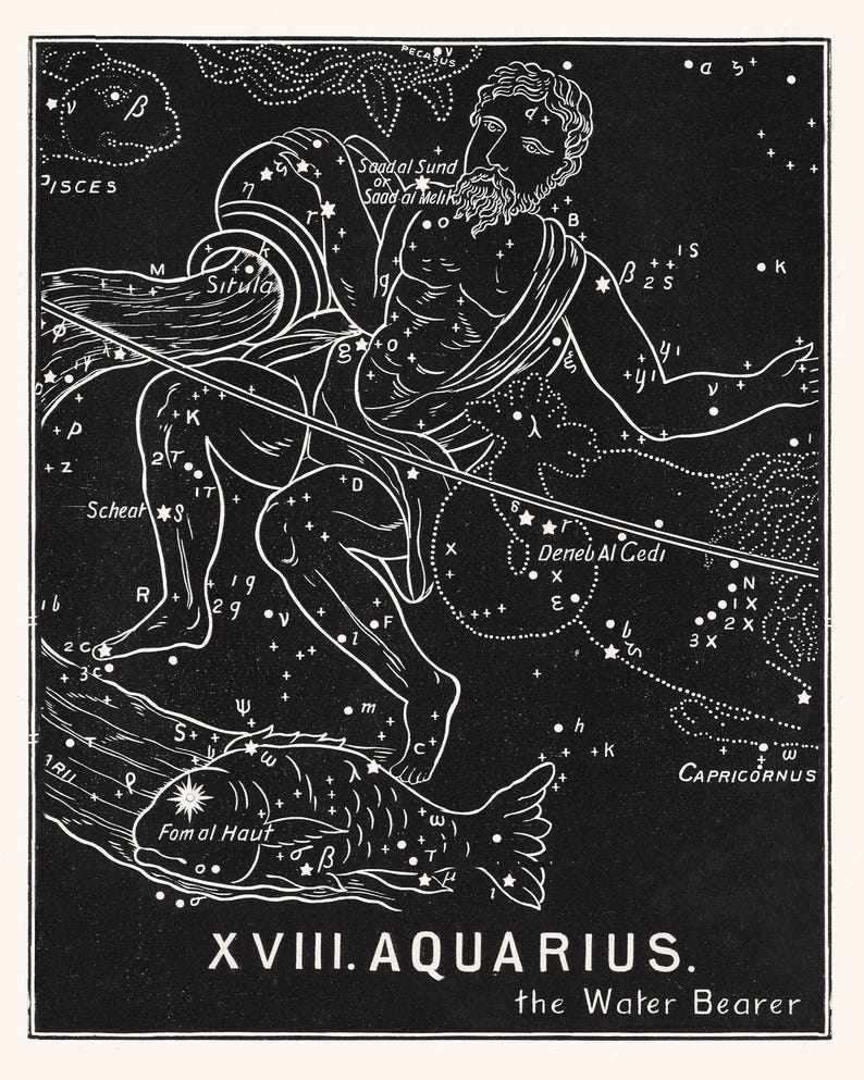 Antique Aquarius Zodiac Art Print, 19th Century Dutch Astrological Sign, Birthday Gift for Aquarius image 2