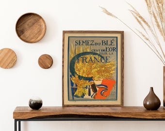 Antique French WWI Wheat Rations Poster, Vintage Kitchen Art with French Flag, Farmhouse Decor