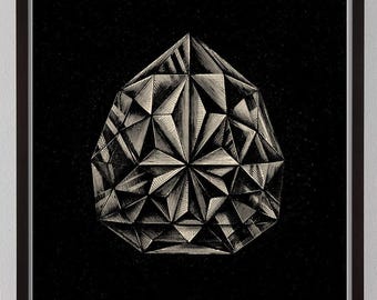 Victorian Diamond Jewel Etching Print, Minimal Crosshatch Gem Art, Boho and Loft Wall Decor