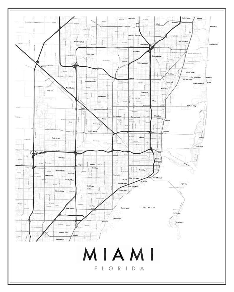 Miami Florida Neighborhood Map Print, Modern Minimal City Map, Studio ...