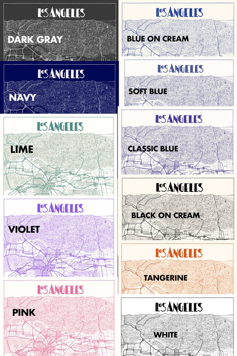 Pu&ograve; includere: Un'illustrazione digitale di una mappa di Los Angeles in vari colori, tra cui grigio scuro, blu navy, lime, viola, rosa, blu su crema, azzurro, blu classico, nero su crema, mandarino e bianco.