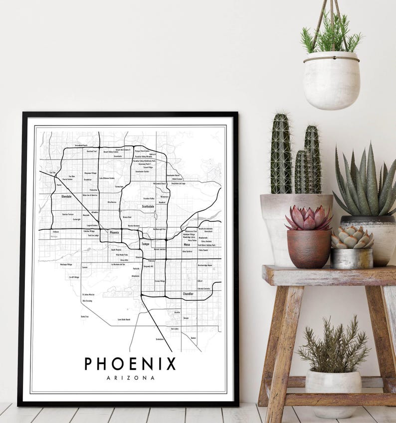 Phoenix Arizona Modern Map Giclée | Minimalist Scottsdale & Tempe Neighborhood Wall Art image 1