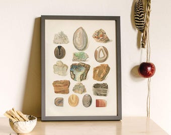 Gem and Mineral Art Print, Boho Home Decorating, Southwest Decor, Gem and Mineral Art, Antique Rock Art Print, Geology Art, Muted Colors