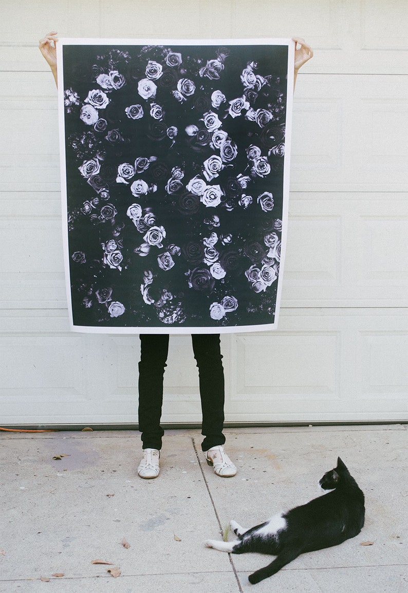 May include: A black and white print of a floral pattern featuring many roses. The print is being held up by a person in front of a white garage door.