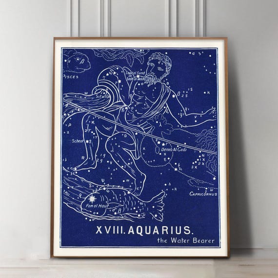 Antique Aquarius Zodiac Art Print, 19th Century Dutch Astrological Sign, Birthday Gift for Aquarius