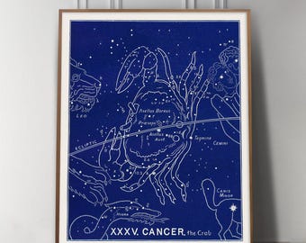 Cancer Zodiac Constellation Print, Antique 19th Century Astrological Sign Art, Birthday Gift