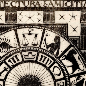 May include: A black and white illustration of a zodiac wheel with the signs of Libra, Scorpio, Sagittarius, and Capricorn. The wheel is surrounded by a decorative border and the text "LECTURA & AMICITIA".