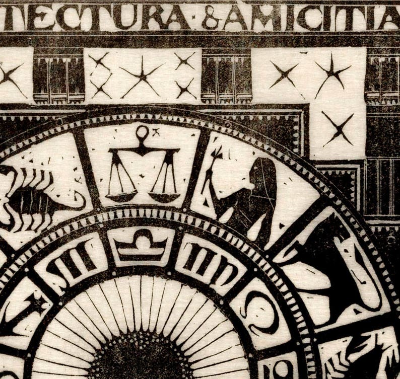May include: A black and white illustration of a zodiac wheel with the signs of Libra, Scorpio, Sagittarius, and Capricorn. The wheel is surrounded by a decorative border and the text "LECTURA & AMICITIA".