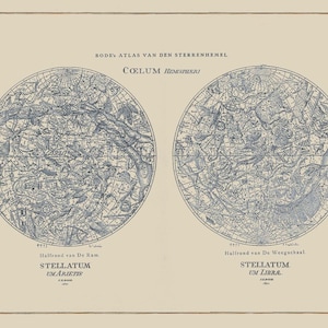Antique Johan Bode Constellation Map, Double Zodiac Hemisphere Chart, Dense Star Atlas Print