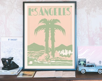 Art Deco Los Angeles Print,Vintage Palm Tree Wall Art,California Travel Poster,Old Hollywood Decor,Housewarming Gift,LA Wall Art