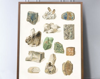 May include: A vintage illustration depicting a selection of crystals and minerals. The image showcases a range of colours and textures, including clear, green, brown, and blue. The crystals are arranged in a grid pattern against a white backdrop.