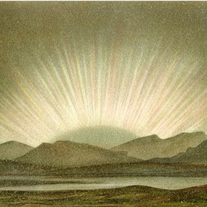May include: An antique landscape print depicts a sunrise or sunset over a mountain range and a body of water. The sky radiates with bright, white light, contrasting with the darker, muted tones of the land and water.