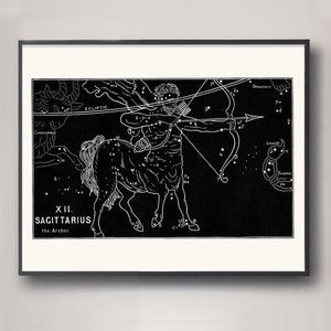 Impression de la constellation du zodiaque du Sagittaire, cadeau de baby shower ou d'anniversaire pour le Sagittaire, signe astrologique vintage en noir, bleu et gris
