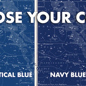Puede incluir: Cuatro opciones de color diferentes para una impresi&oacute;n de carta estelar de estilo vintage. Los colores son pizarra, azul marino, azul marino oscuro y negro. La impresi&oacute;n presenta un mapa detallado de las constelaciones.