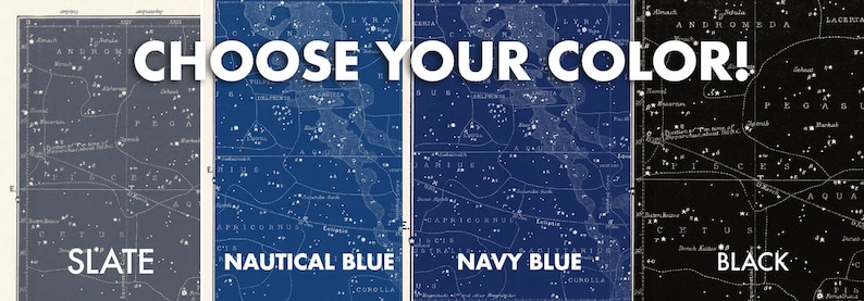 Puede incluir: Cuatro opciones de color diferentes para una impresi&oacute;n de carta estelar de estilo vintage. Los colores son pizarra, azul marino, azul marino oscuro y negro. La impresi&oacute;n presenta un mapa detallado de las constelaciones.