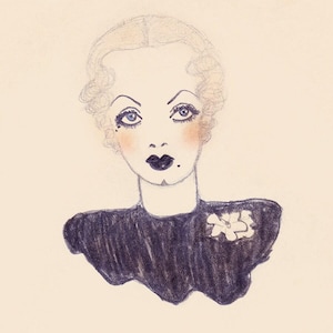Antique 1930s Art Deco Fashion Illustration, Hollywood Glam Starlet Drawing, Feminine Wall Art image 1