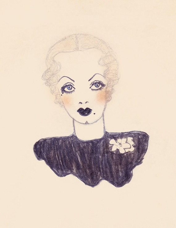 Antique 1930s Art Deco Fashion Illustration, Hollywood Glam Starlet Drawing, Feminine Wall Art