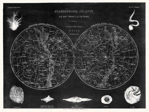 Planisphere Celestial Art, Blue Constellation Art Print Planisphere Celestial Art, Blue Constellation Art Print