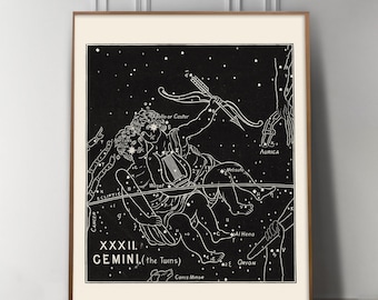 Gemini Zodiac Constellation Art | Personalized Astrology Gift | Studio Series Giclée | Vintage Star Sign Wall Decor